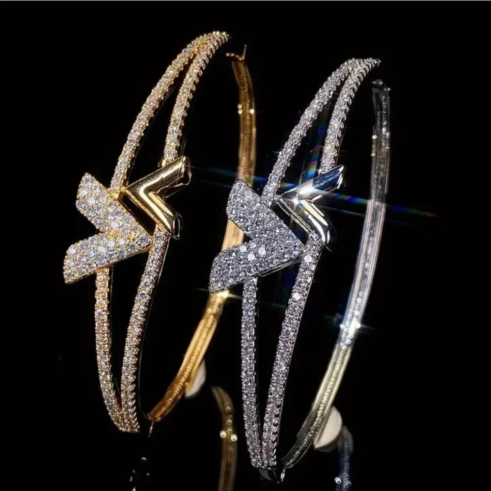 Gold Luxury Diamond Letter V Bangle Bracelet